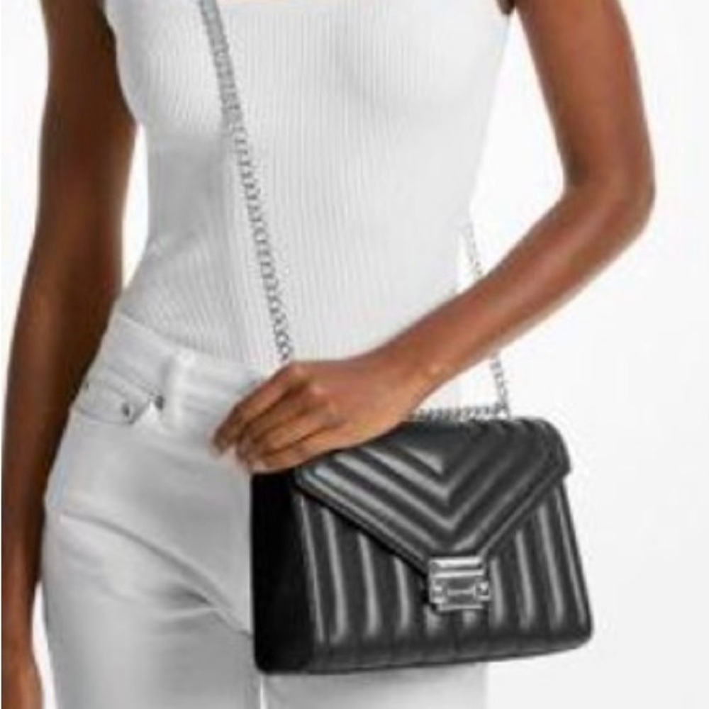 Michael Kors Whitney Medium Black Quilted Leather Shoulder Bag Silver Chain